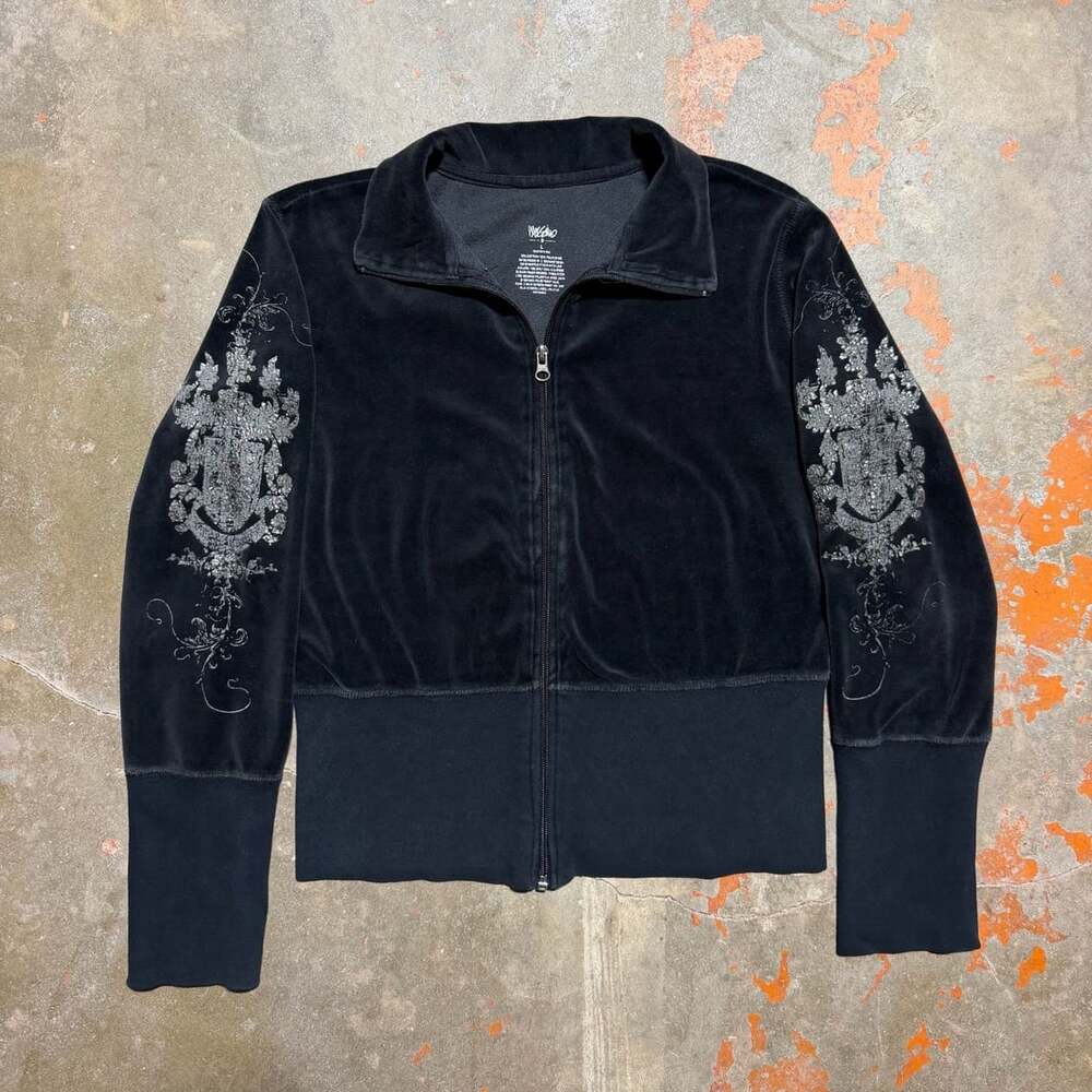 Vintage Y2K Mossimo Black Velour Zip Up Jacket - Graphic Crest Sleeve Detail